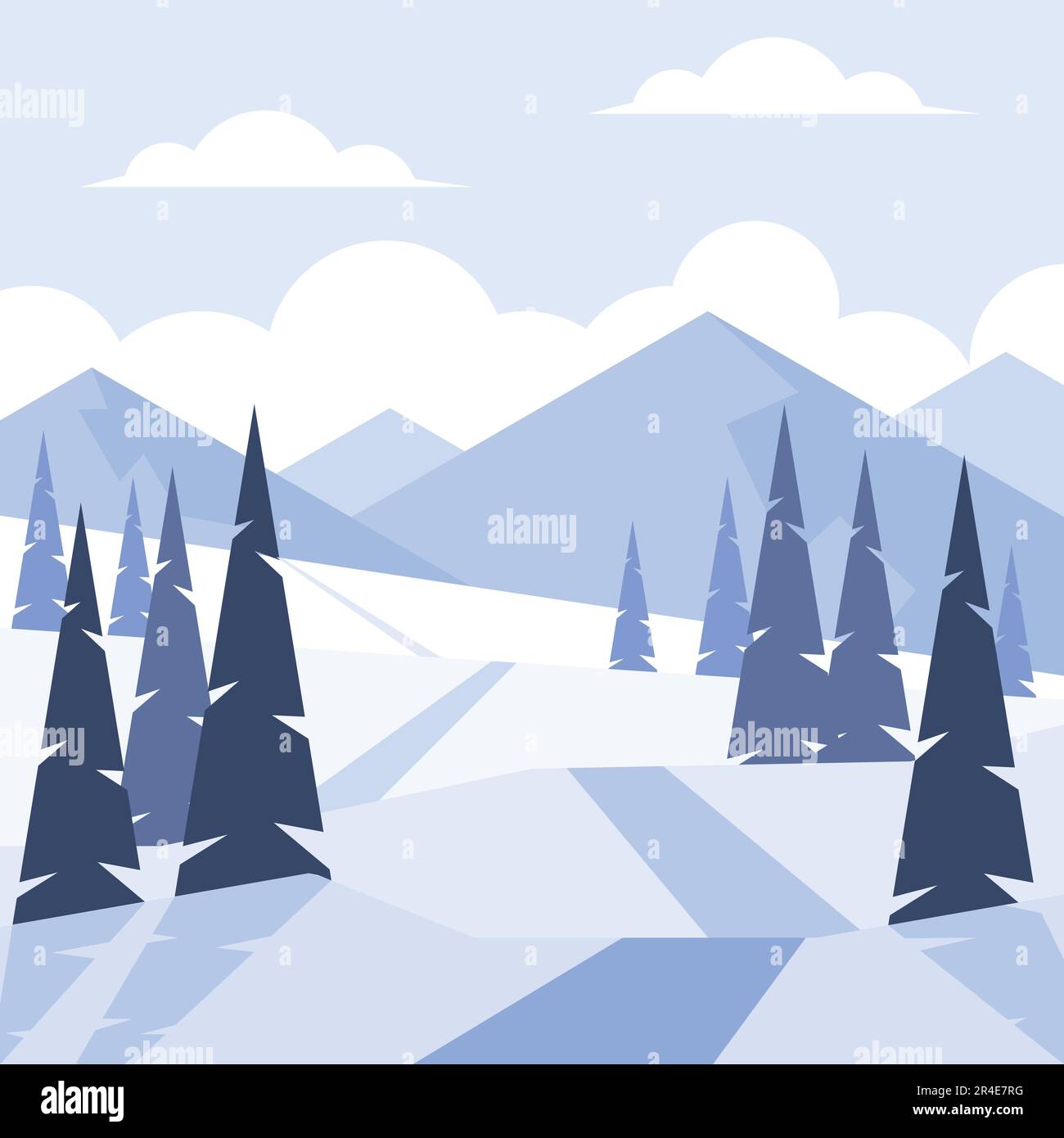 Winter landscape with pine trees and mountains. Flat style vector ...