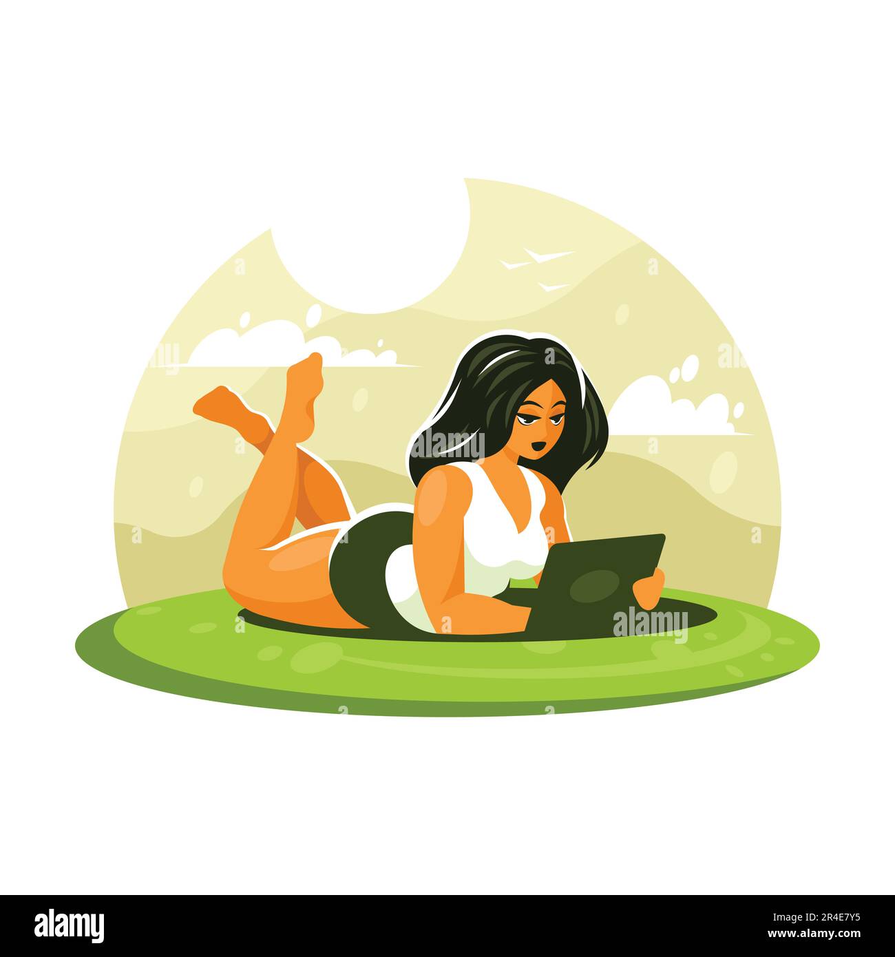 A young woman is sitting on the grass with a laptop. Vector illustration in cartoon style. Stock Vector