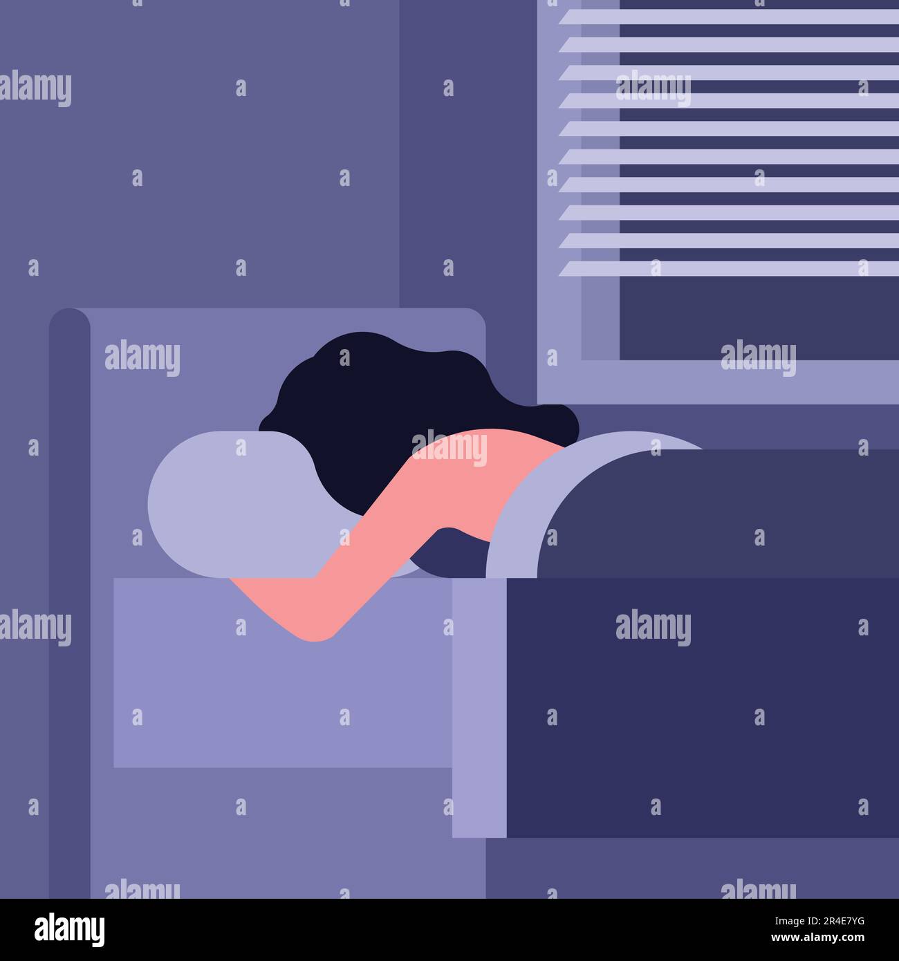 Young woman sleeping in bed at night. Vector illustration in flat style ...