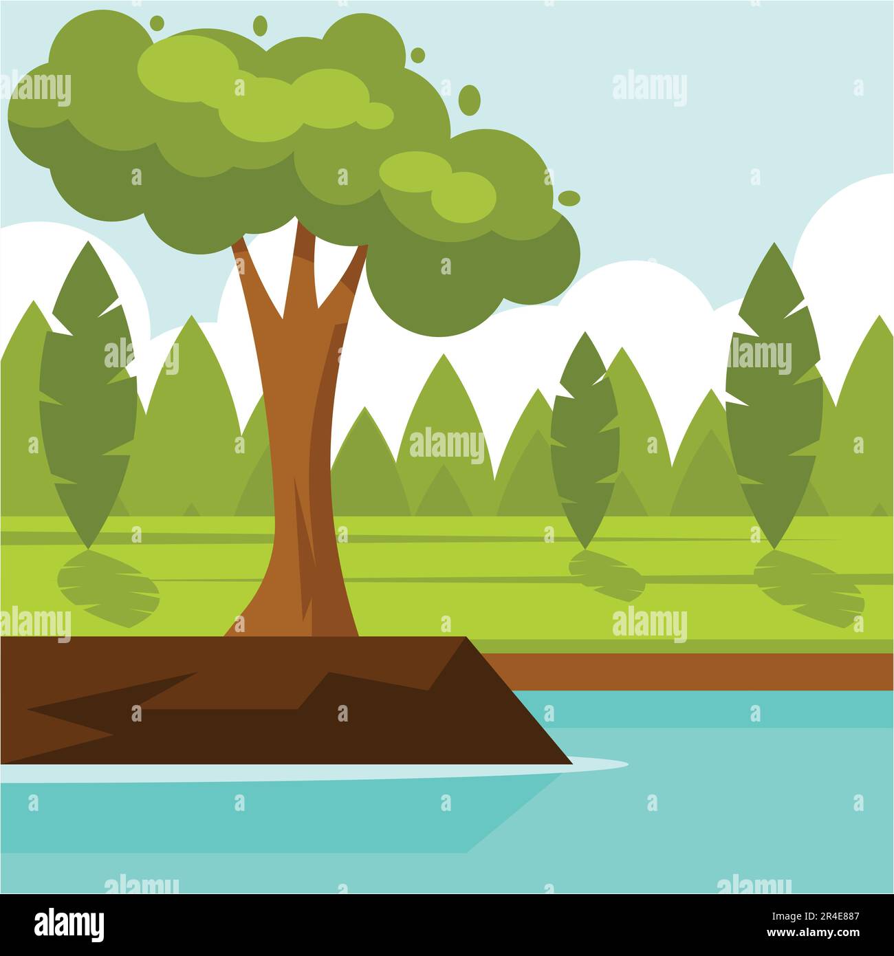 Flat design style vector illustration of a landscape with trees and ...