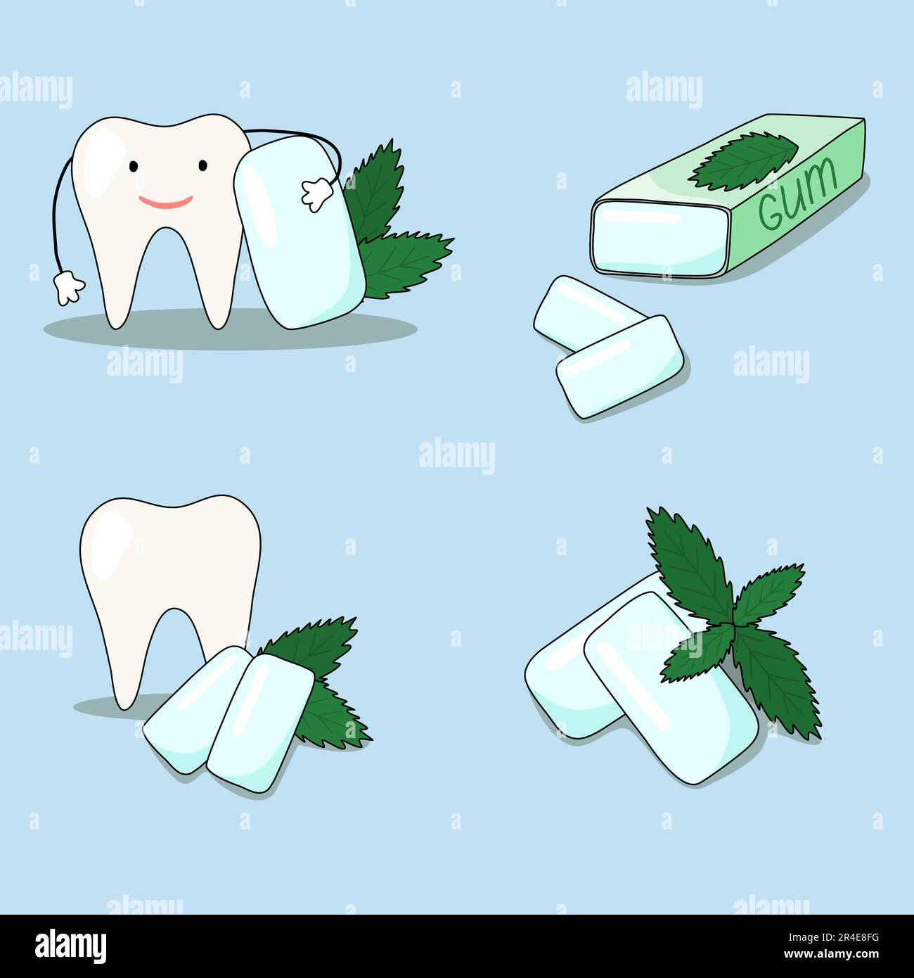 Set of elements with mint flavour chewing gum pads, fresh mint leaves