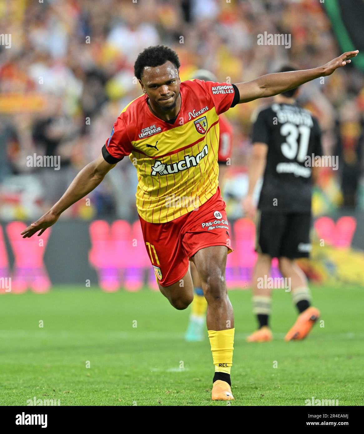 President Joseph Oughourlian of RC Lens pictured celebrating with his  players of RC Lens after winning a soccer game between t Racing Club de Lens  and AC Ajaccio, on the 37th matchday