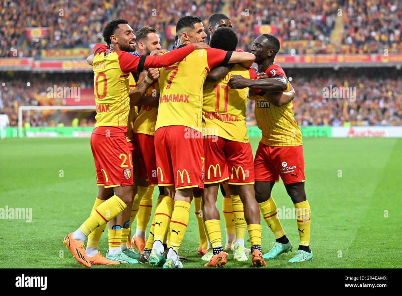 President Joseph Oughourlian of RC Lens pictured celebrating with his  players of RC Lens after winning a soccer game between t Racing Club de Lens  and AC Ajaccio, on the 37th matchday