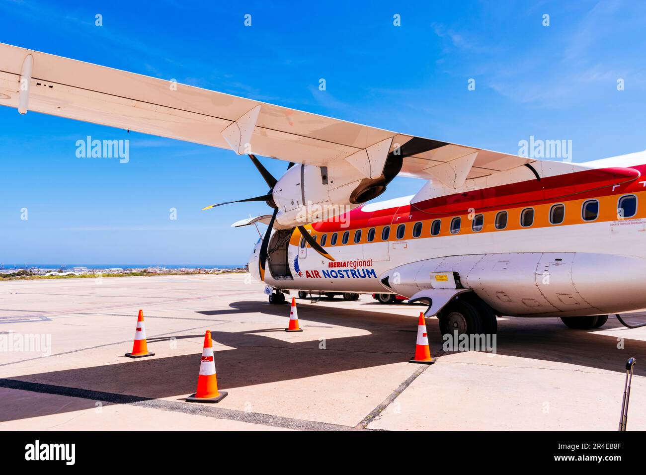 Landing of an Airnostrum plane, a subsidiary of the national airline Iberia at Melilla airport. Melilla, Ciudad Autónoma de Melilla, Spain, África, EU Stock Photo