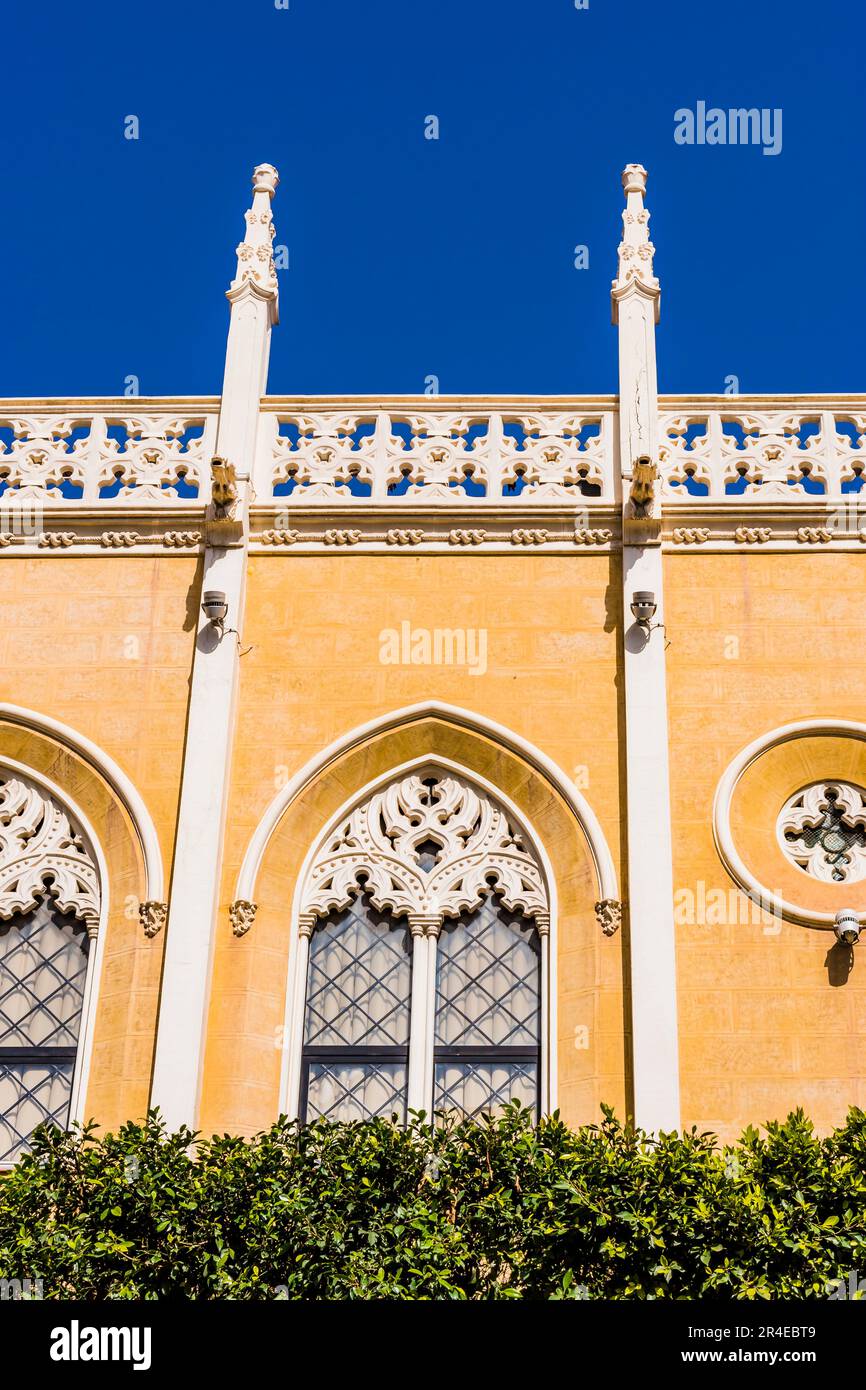The Old Colegio del Buen Consejo is a neo-Gothic historicist style building, located in the Modernist Enlargement of the Spanish city of Melilla, head Stock Photo
