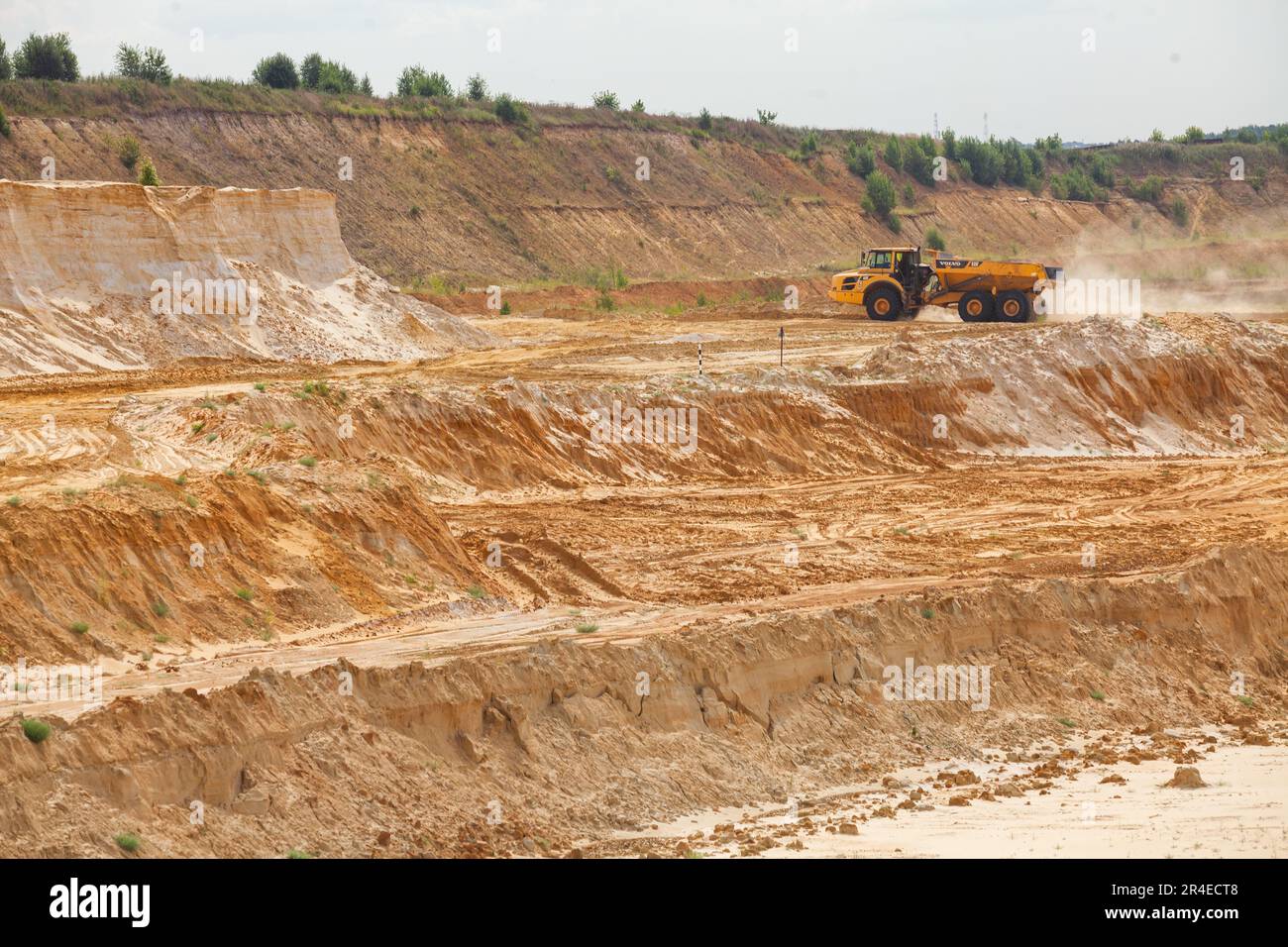 Chulkovo, Moscow province - July 20, 2021: Quarry truck Volvo move ground. Open-pit sand extraction Stock Photo