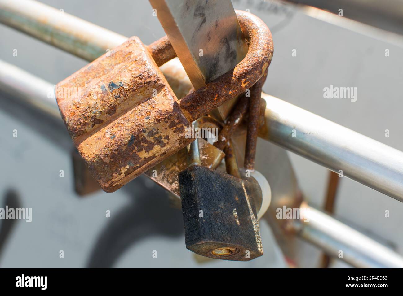 Rusty old padlock on an old gate Stock Photo