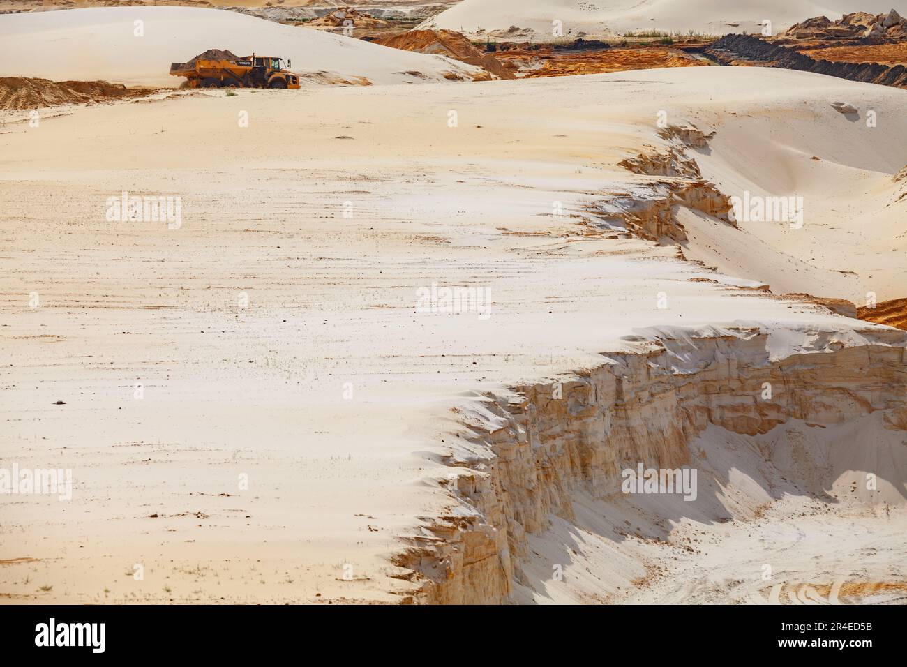 Chulkovo, Moscow province - July 20, 2021: Volvo quarry truck carries ground. Open-pit sand extraction. Stock Photo