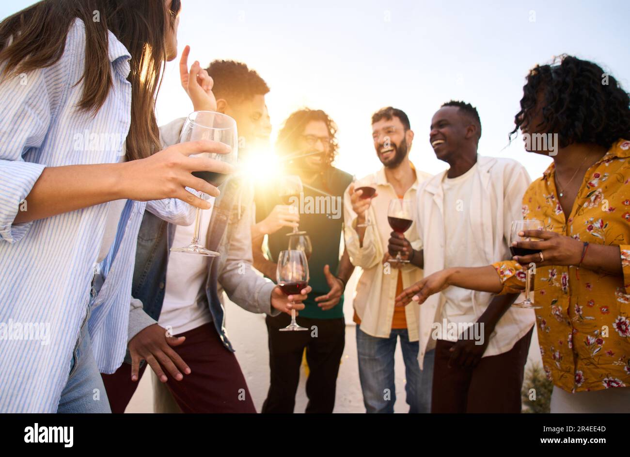 Young people celebrating together drinking red wine glasses on patio garden  at summer party. Diverse friends having fun cheering glasses during dinner  party. Friendship and celebration concept Stock Photo
