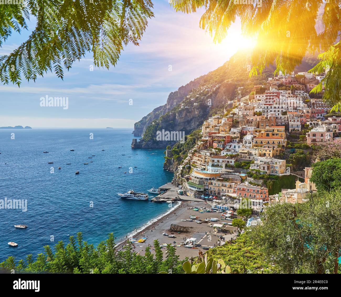 View of the town of Positano with flowers, Amalfi Coast, Italy Stock ...