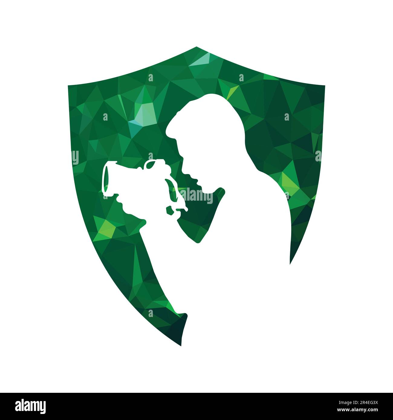 Photographer with camera on green polygonal shield. Vector illustration. Stock Vector