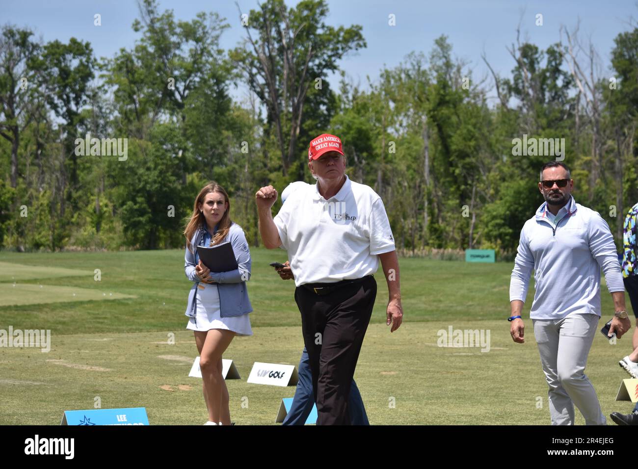 Sterling, United States. 27th May, 2023. Former President of the United States Donald J. Trump walks by fans and talks with them. Former President of the United States Donald J. Trump visits the driving range, meets fans and watches LIV Golf Washington DC 2023 Round 2 at Trump National Golf Club Washington DC in Sterling, Virginia, United States. Credit: SOPA Images Limited/Alamy Live News Stock Photo