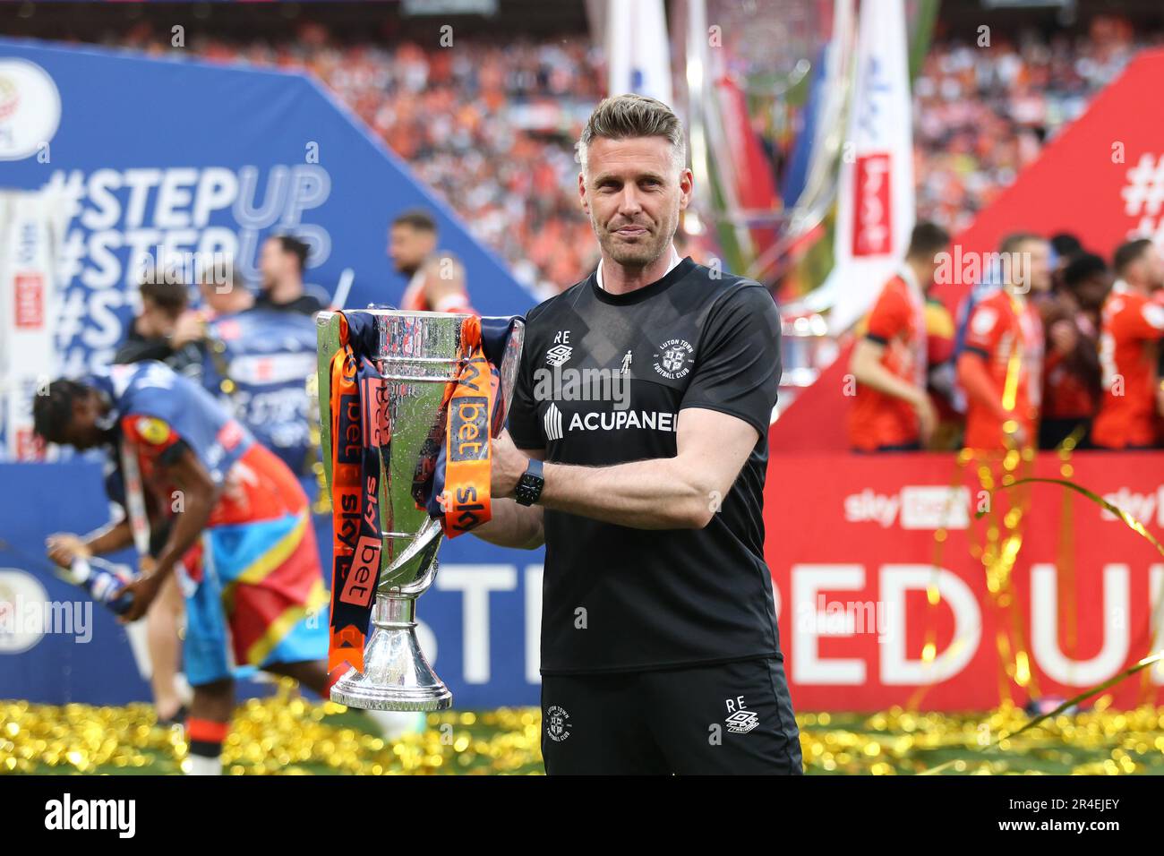 London, UK. 27th May, 2023. Luton Town manager Rob Edwards celebrate ...