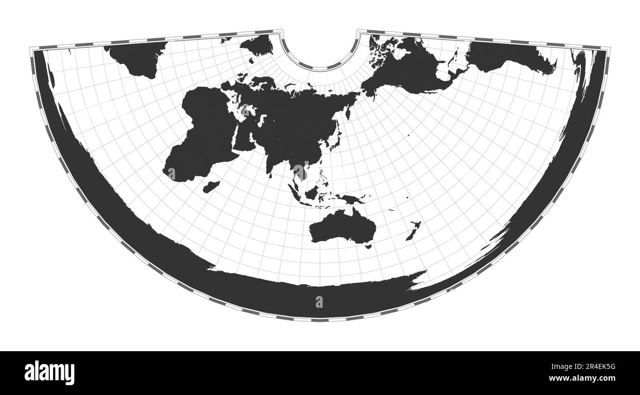 Vector world map. Conic equidistant projection. Plain world geographical map with latitude and