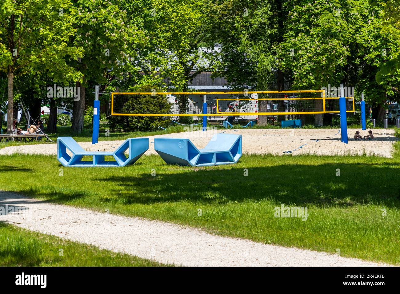 Volksgarten (Franz-Josef-Park) volleyball court and seating elements in Salzburg, Austria Stock Photo