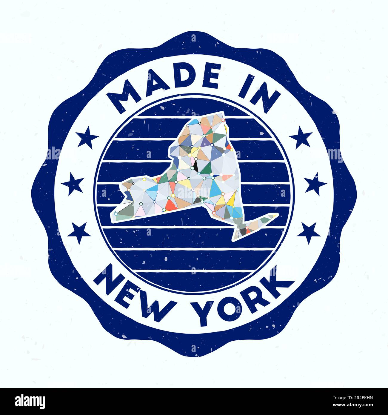 Made In New York. US state round stamp. Seal of New York with border shape. Vintage badge with circular text and stars. Vector illustration. Stock Vector