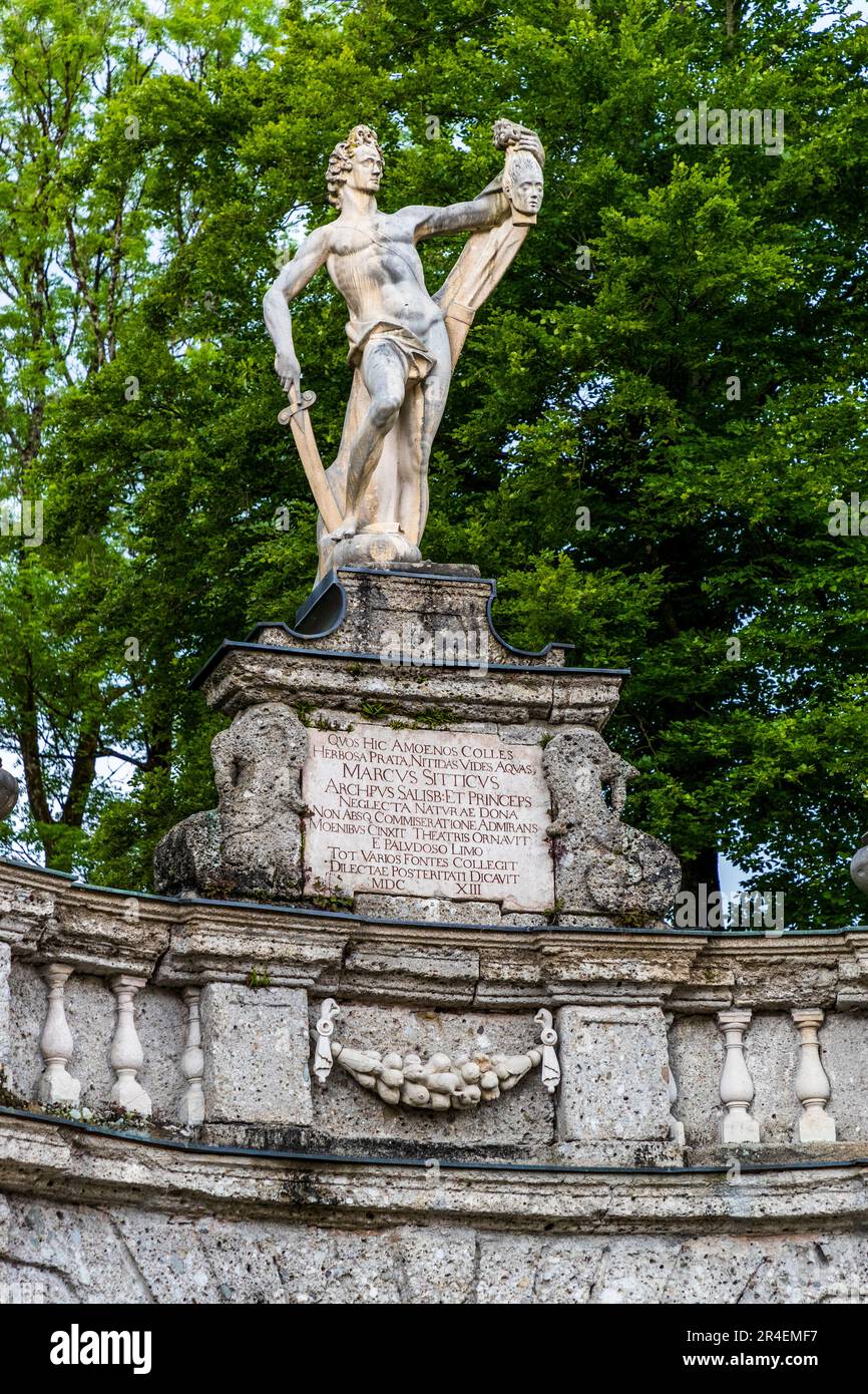 Perseus with the head of Medusa is part of the fountains of Hellbrunn Palace in Salzburg, Austria Stock Photo
