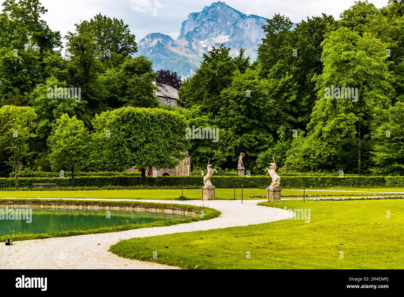 Unicorn sculptures in the park of Hellbrunn Palace in Salzburg, Austria Stock Photo