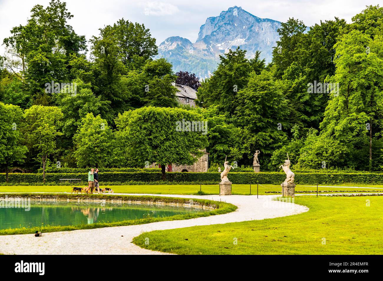 Dogs and unicorn figures at Hellbrunn Palace in Salzburg, Austria Stock Photo