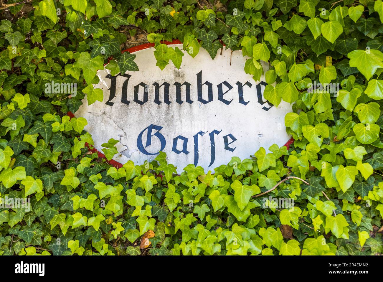 Ivy wreathed street sign Nonnberggasse. Salzburg, Austria Stock Photo