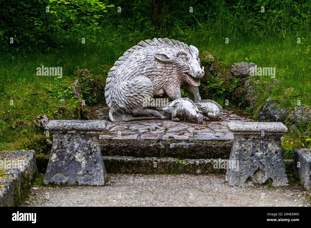 The wild boar niche of the fountains of Hellbrunn Palace in Salzburg, Austria Stock Photo