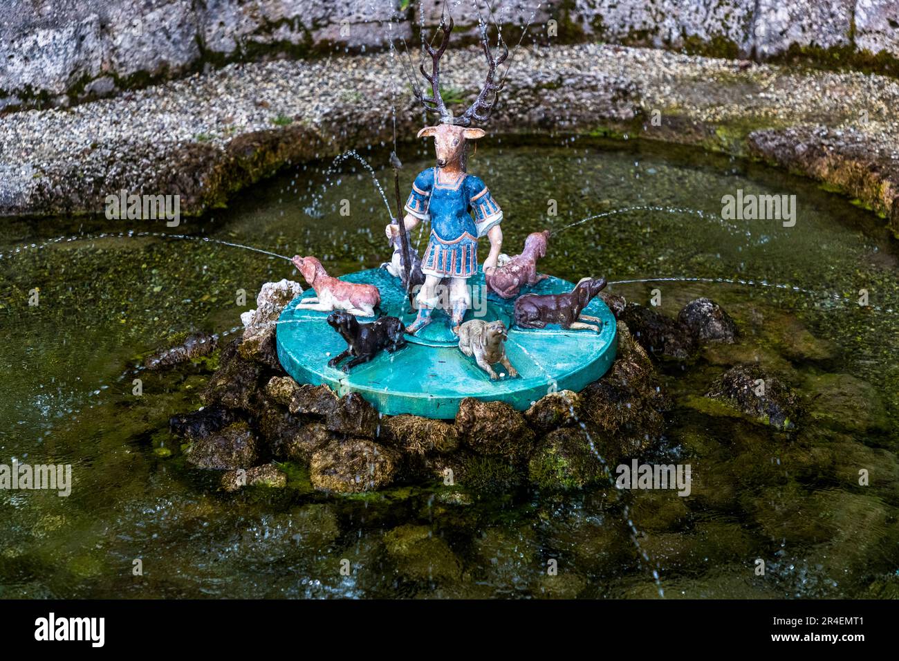 The depiction of an Actaeon (stag man) surrounded by six dogs is part of the fountains of Hellbrunn Palace in Salzburg, Austria Stock Photo