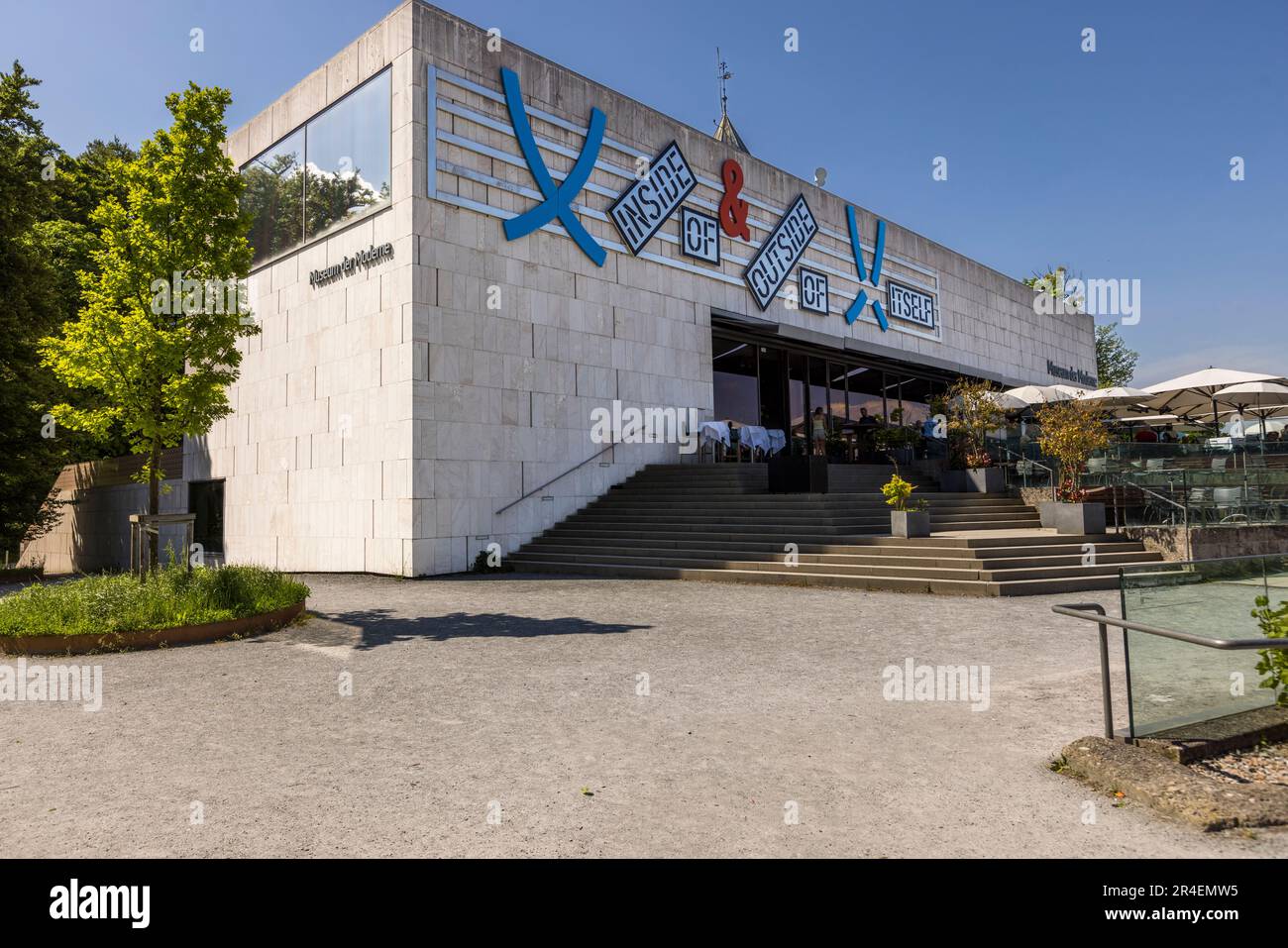The Museum of Modern Art bears on its facade the slogan: Inside of Outside of Itself. Salzburg, Austria Stock Photo