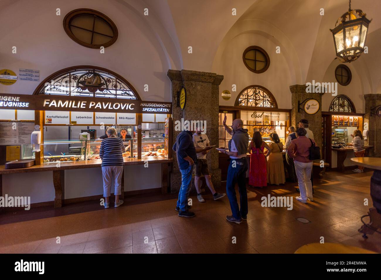 Schmankerl-Gang at the Augustiner-Bräu. For over 100 years, guests have been offered food for sale here. Salzburg, Austria Stock Photo