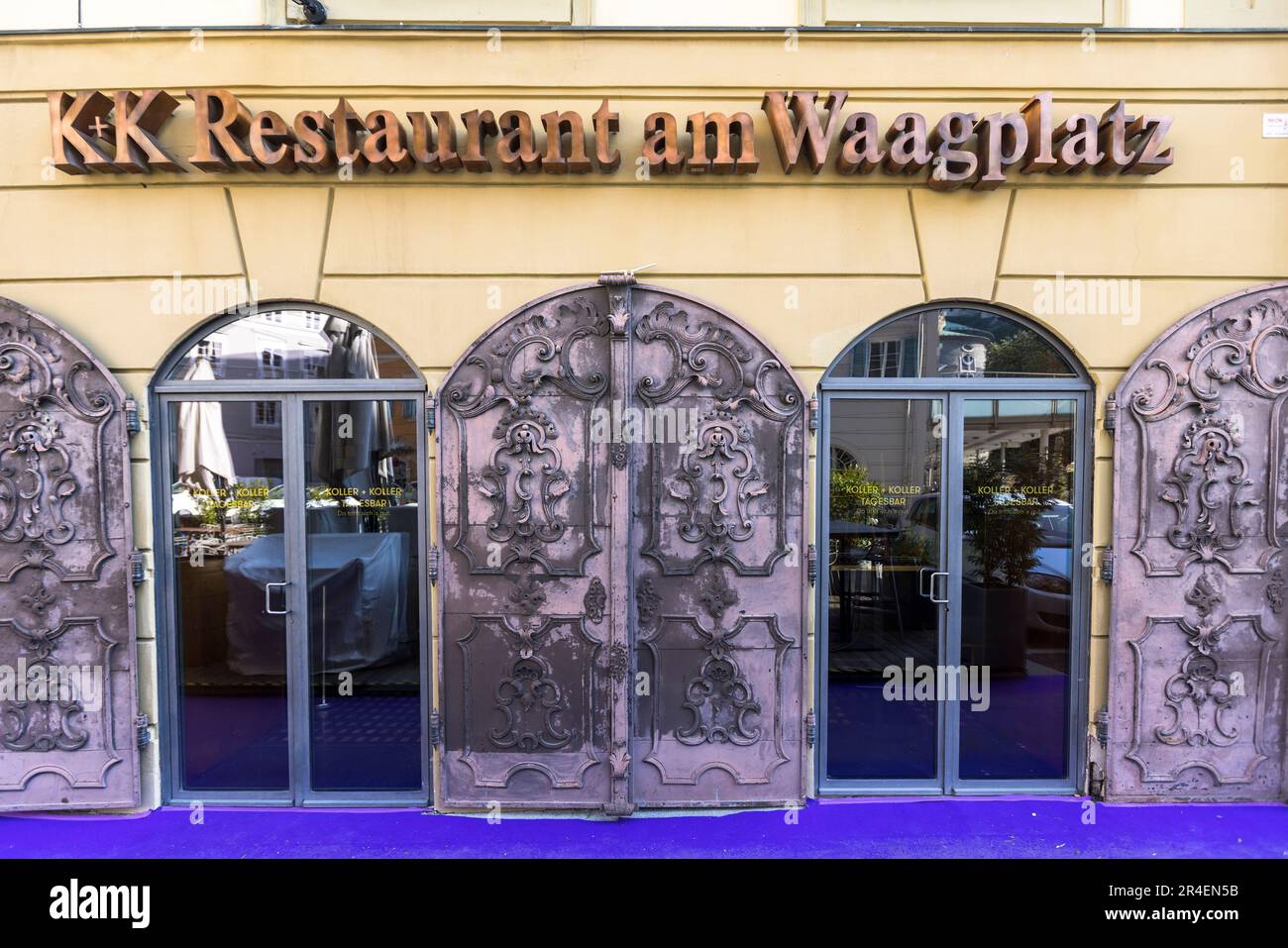 The house at Waagplatz 2, Salzburg, Austria, where the restaurant Koller & Koller is located today, was mentioned in documents as early as 1181 Stock Photo