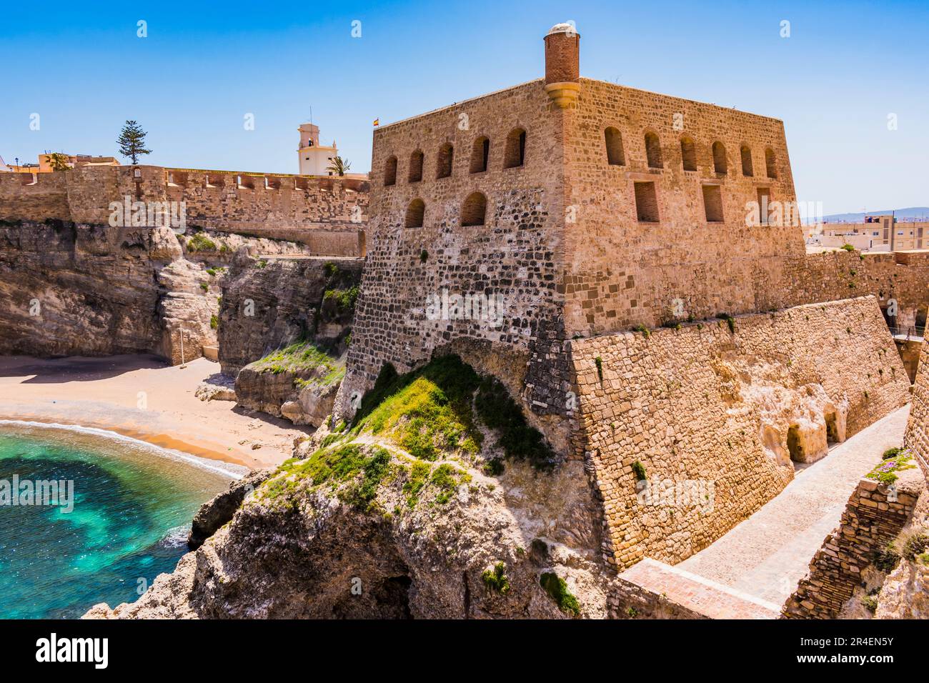 Cove and beach of the Galapagos under the cliff. Melilla, Ciudad Autónoma de Melilla, Spain, África, EU Stock Photo