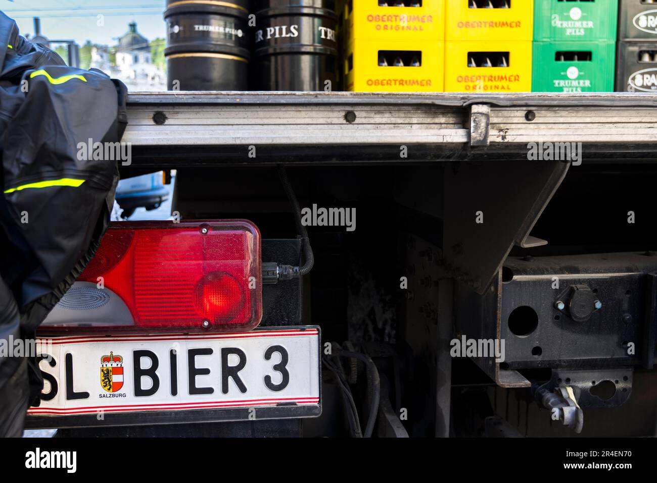 The vehicles that breweries use to deliver their goods have the word beer on their license plates in Salzburg, Austria Stock Photo