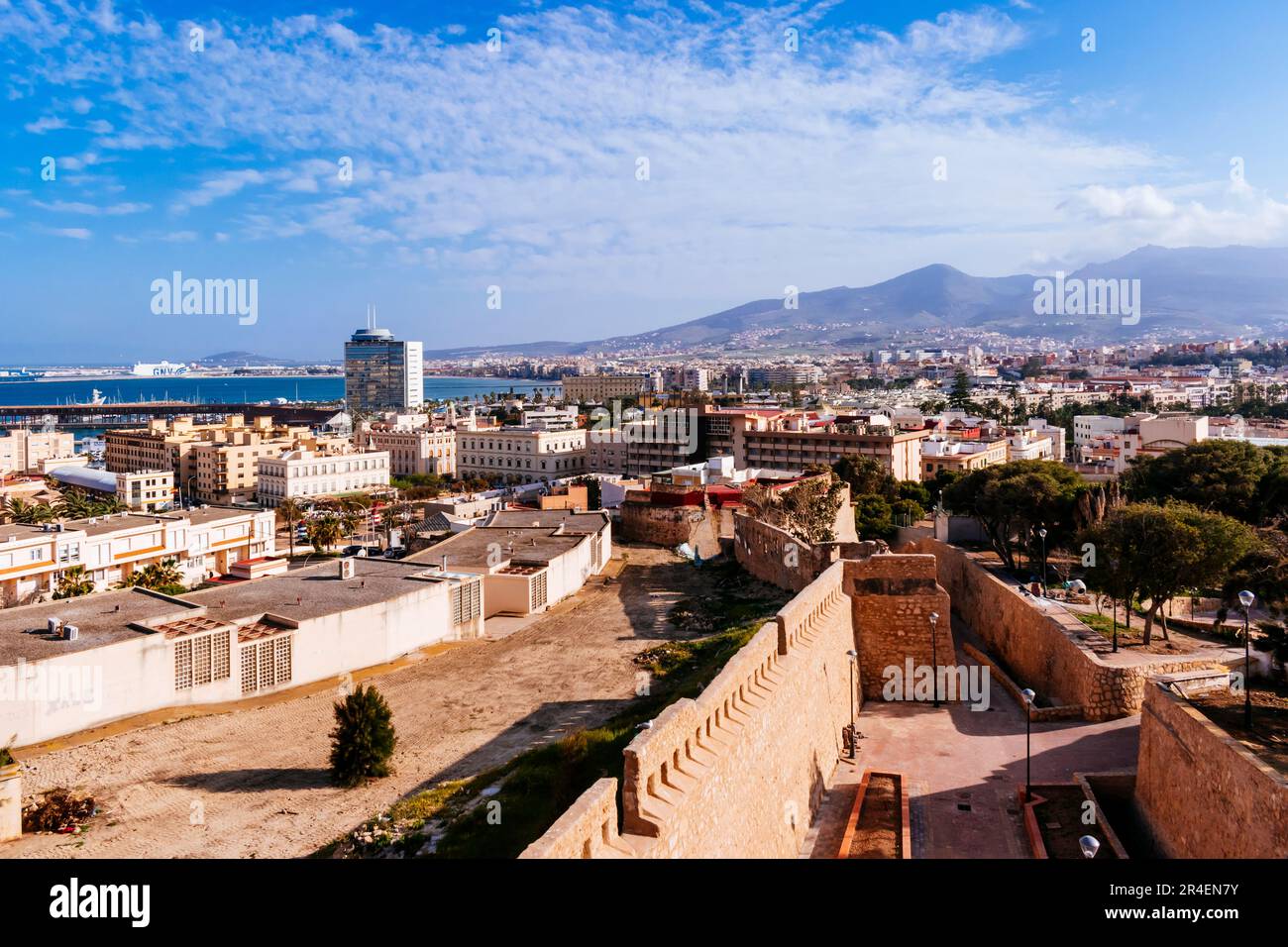 Panoramic view of the city of Melilla in northern Africa over the Mediterranean sea. Melilla, Ciudad Autónoma de Melilla, Spain, África, EU Stock Photo