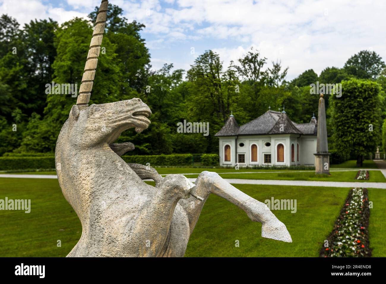Unicorn sculptures at Hellbrunn Palace in Salzburg, Austria Stock Photo ...