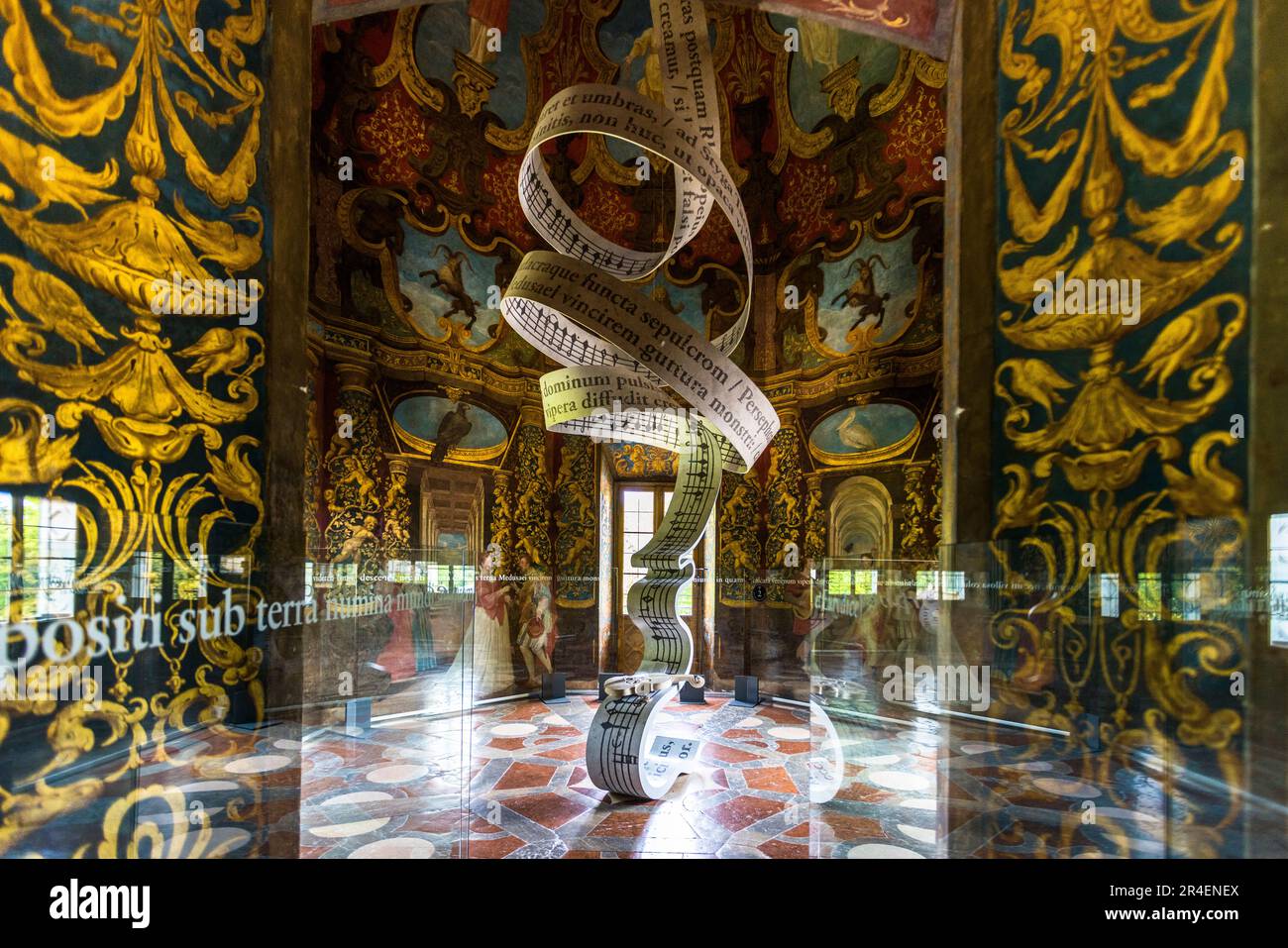 Music room with an oversized loop of sheet music from the opera L'Orfeo by Monteverdi in the museum of Hellbrunn Palace in Salzburg, Austria Stock Photo
