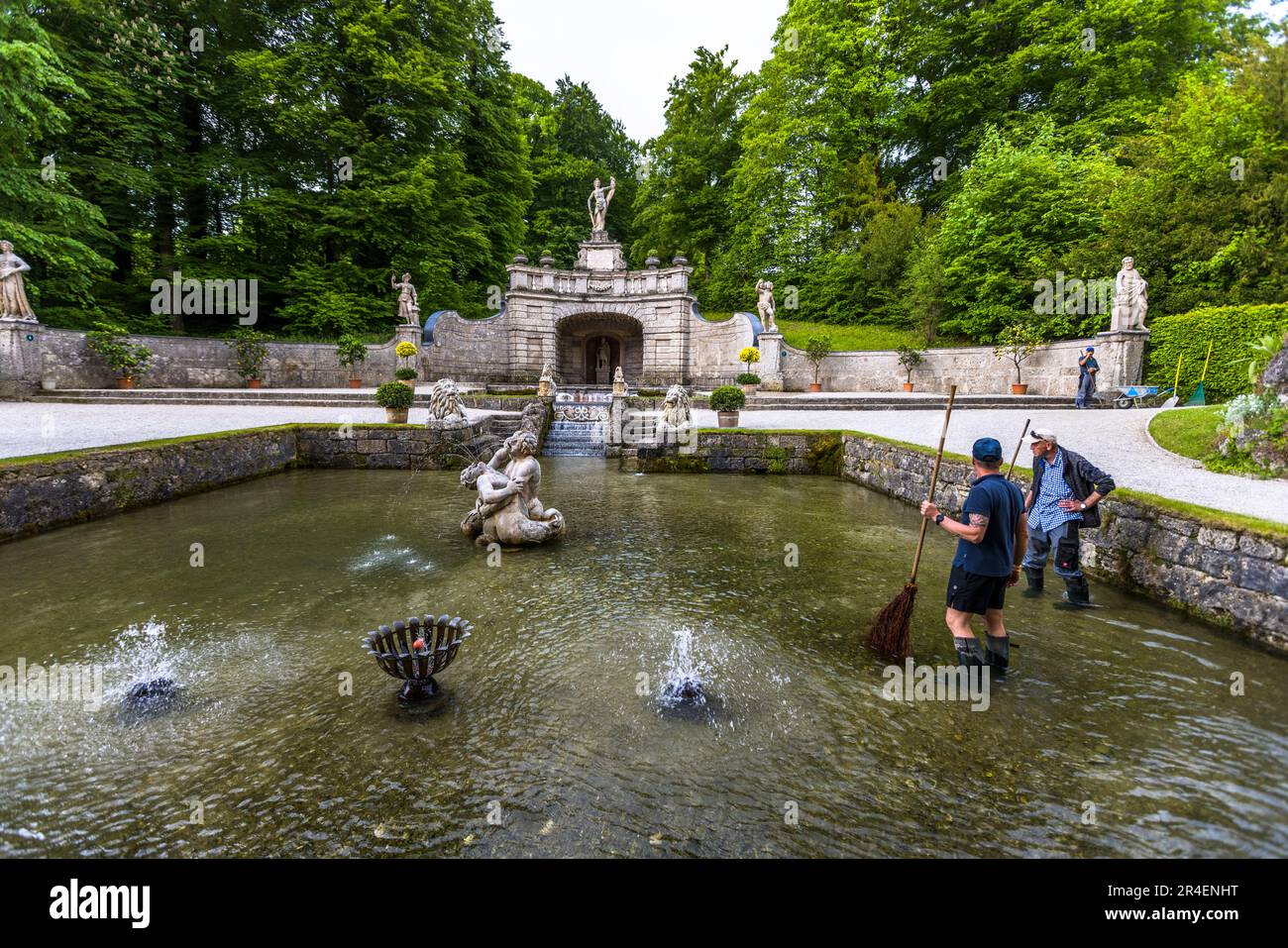 Cleaning of the Hellbrunn fountains at Hellbrunn Palace in Salzburg, Austria Stock Photo