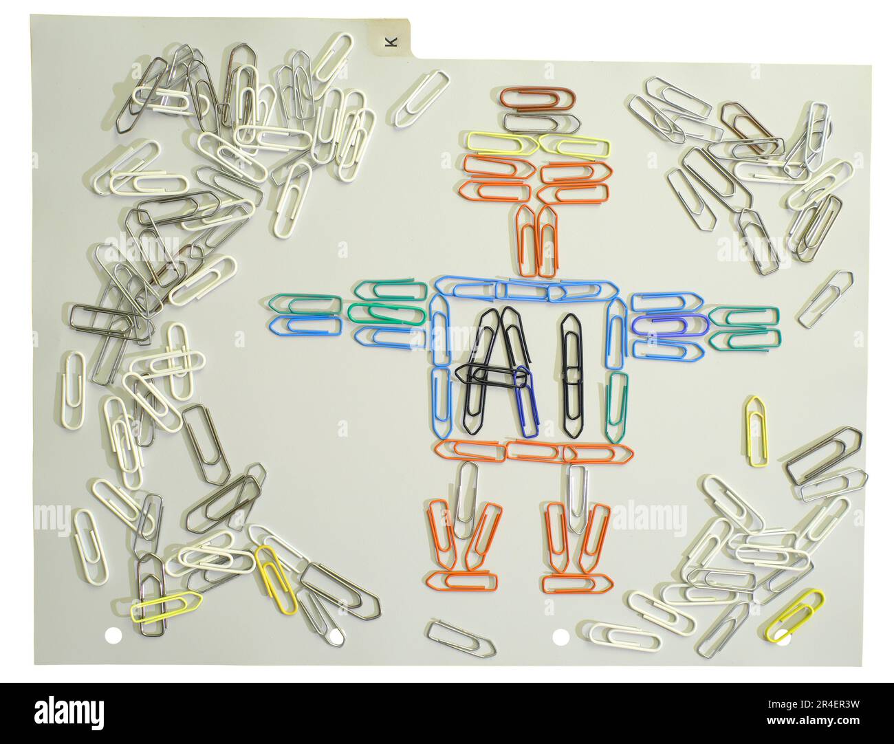 AI Robot made from paper clips,danger for nine-to-five jobs in the future. Conceptual image, free copy space, isolated on white white background Stock Photo