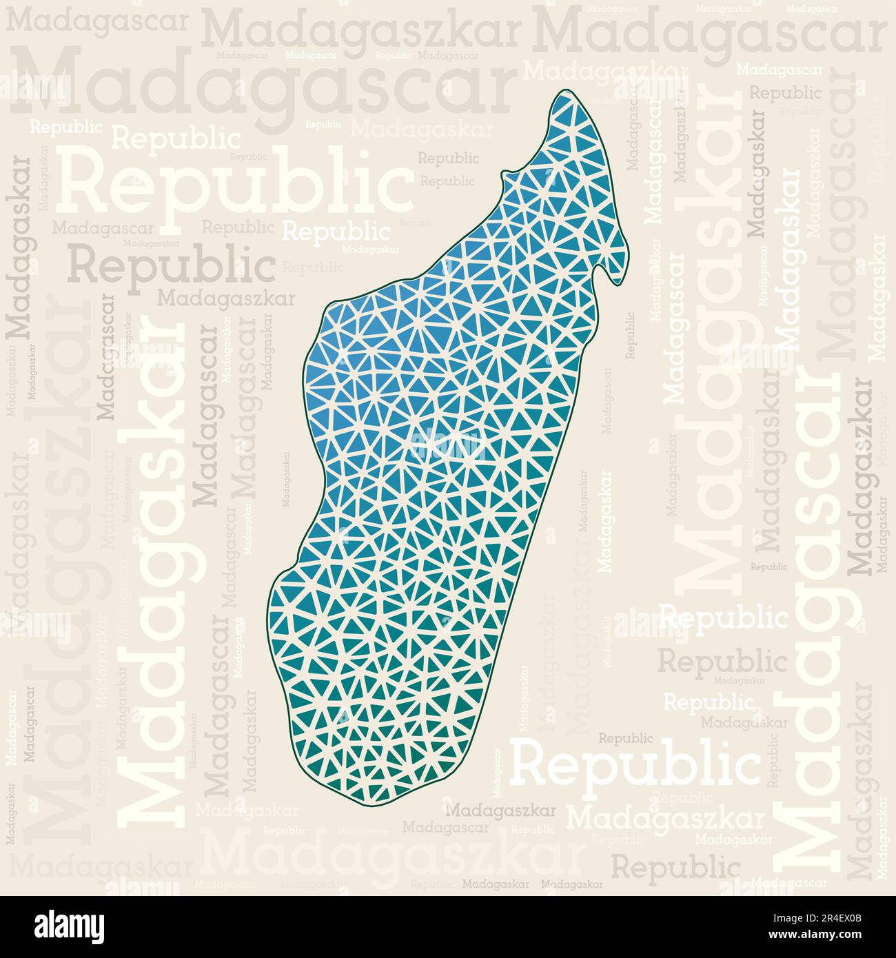 MADAGASCAR map design. Country names in different languages and map shape with geometric low poly triangles. Charming vector illustration of Madagasca Stock Vector