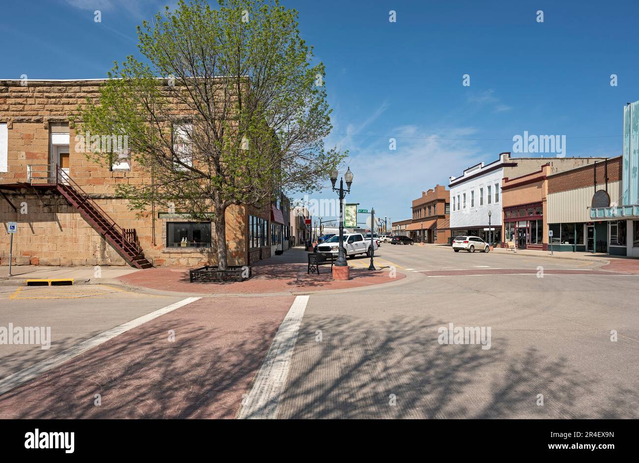 View of businesses on State Street in downtown Belle Fourche, South Dakota, USA Stock Photo