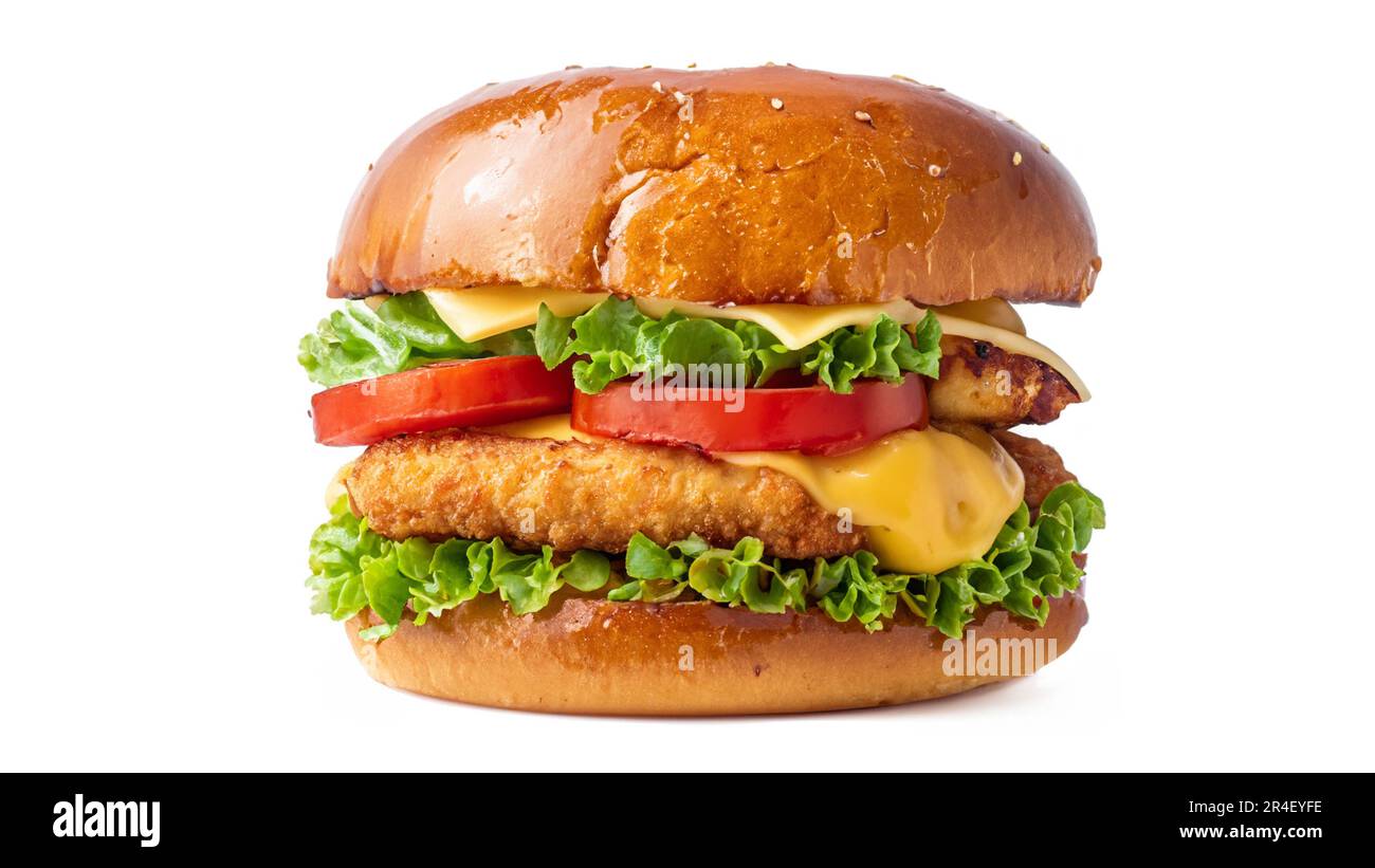 Crispy deep Fried Chicken Burger with cheese, tomato, lettuce, pickles
