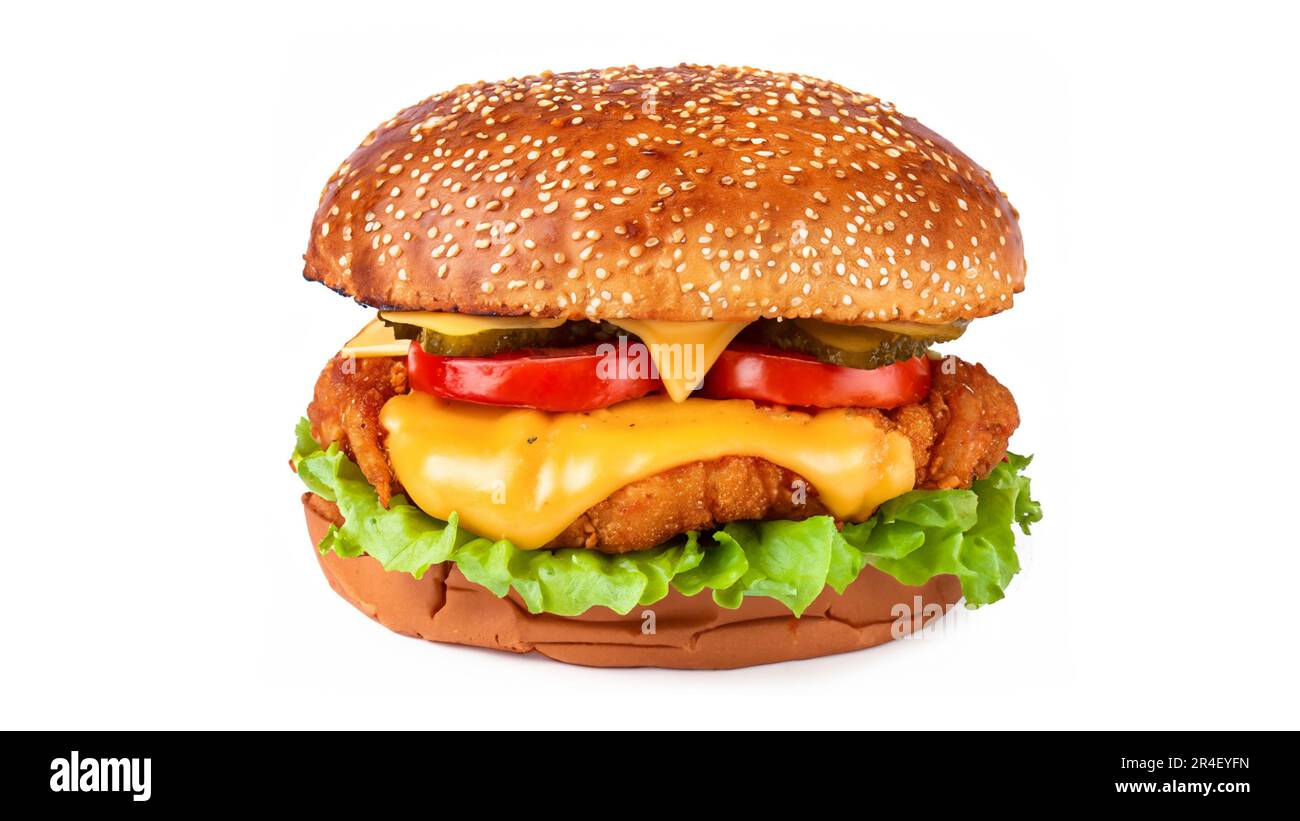 Crispy deep Fried Chicken Burger with cheese, tomato, lettuce, pickles