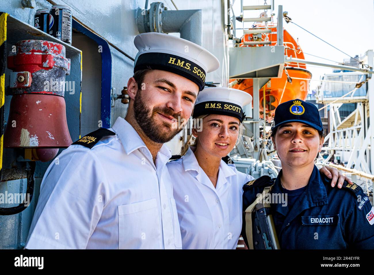 New York, New York, USA. 26th May, 2023. Some of the crew of the Ocean Survey Vessel HMS Scott is part of the flotilla of ships visiting NYC for Fleet Week NYC. The Scott is responsible for the collection and processing of navigational data of the ocean floor as it supports the defense interests of the Royal Navy of the UK. (Credit Image: © Milo Hess/ZUMA Press Wire) EDITORIAL USAGE ONLY! Not for Commercial USAGE! Stock Photo