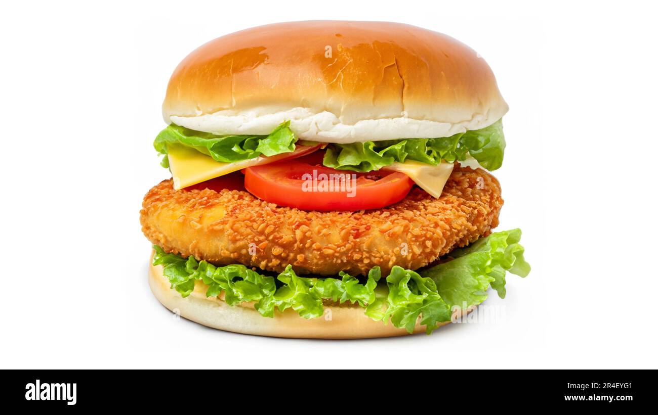 Crispy deep Fried Chicken Burger with cheese, tomato, lettuce, pickles
