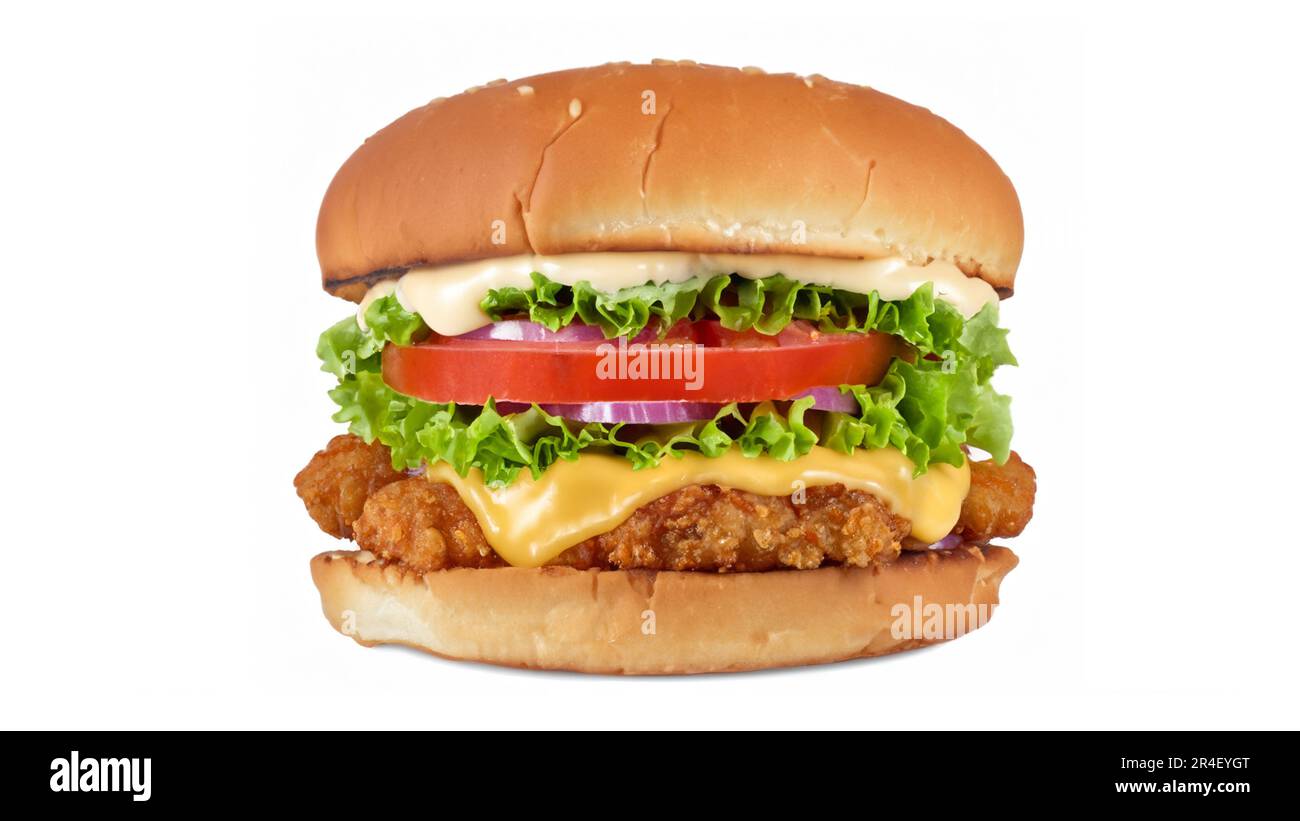 Crispy deep Fried Chicken Burger with cheese, tomato, lettuce, pickles