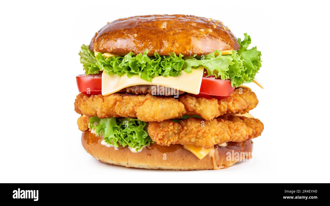 Crispy deep Fried Chicken Burger with cheese, tomato, lettuce, pickles