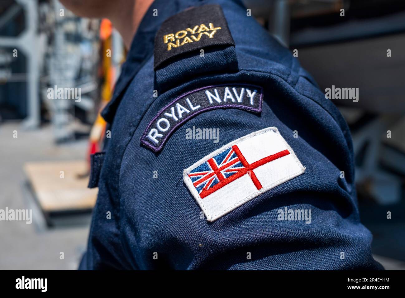New York, New York, USA. 26th May, 2023. Royal Navy ensign on uniform of a seaman of the Ocean Survey Vessel HMS Scott is part of the flotilla of ships visiting NYC for Fleet Week NYC. The Scott is responsible for the collection and processing of navigational data of the ocean floor as it supports the defense interests of the Royal Navy of the UK. (Credit Image: © Milo Hess/ZUMA Press Wire) EDITORIAL USAGE ONLY! Not for Commercial USAGE! Stock Photo