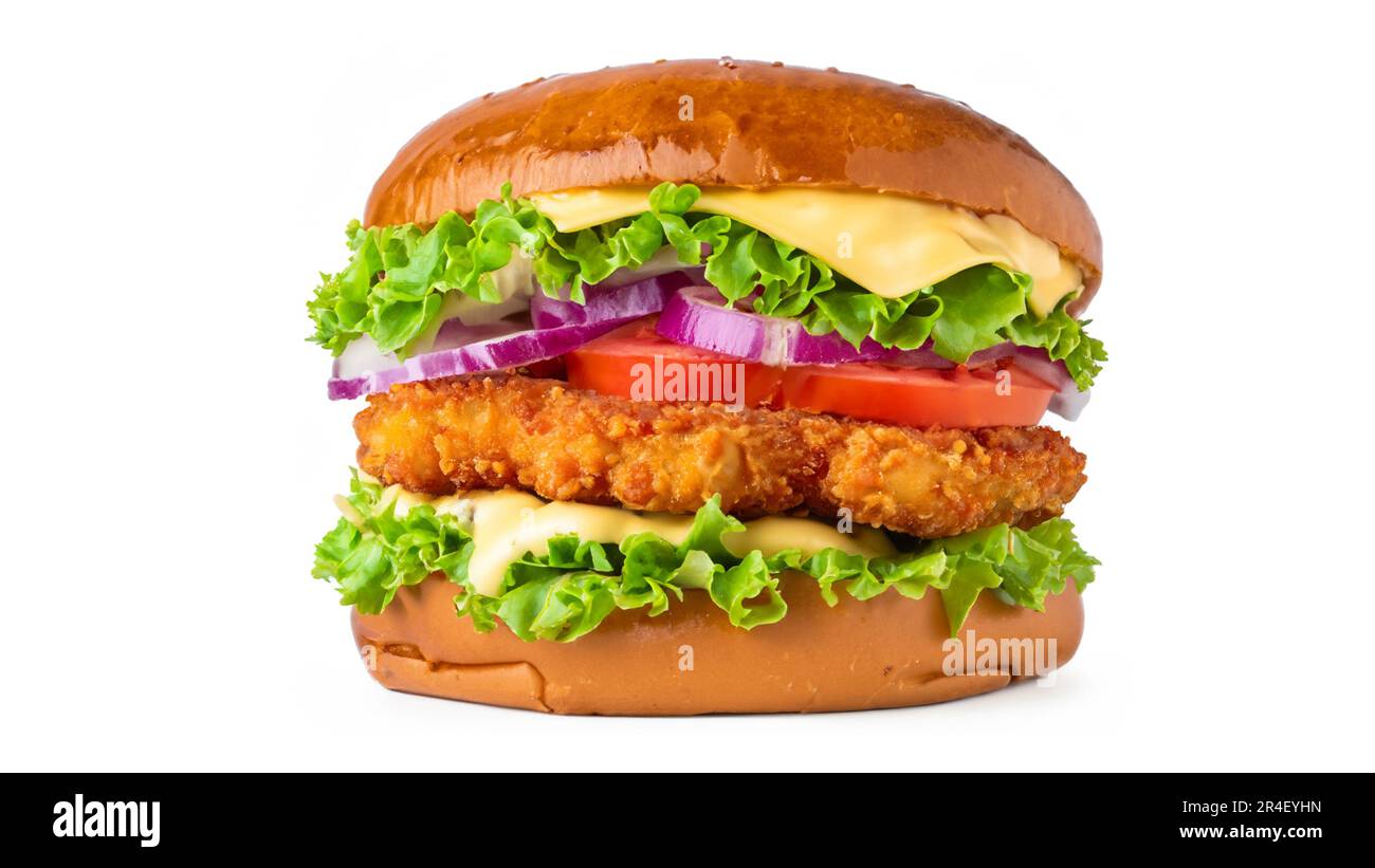 Crispy deep Fried Chicken Burger with cheese, tomato, lettuce, pickles