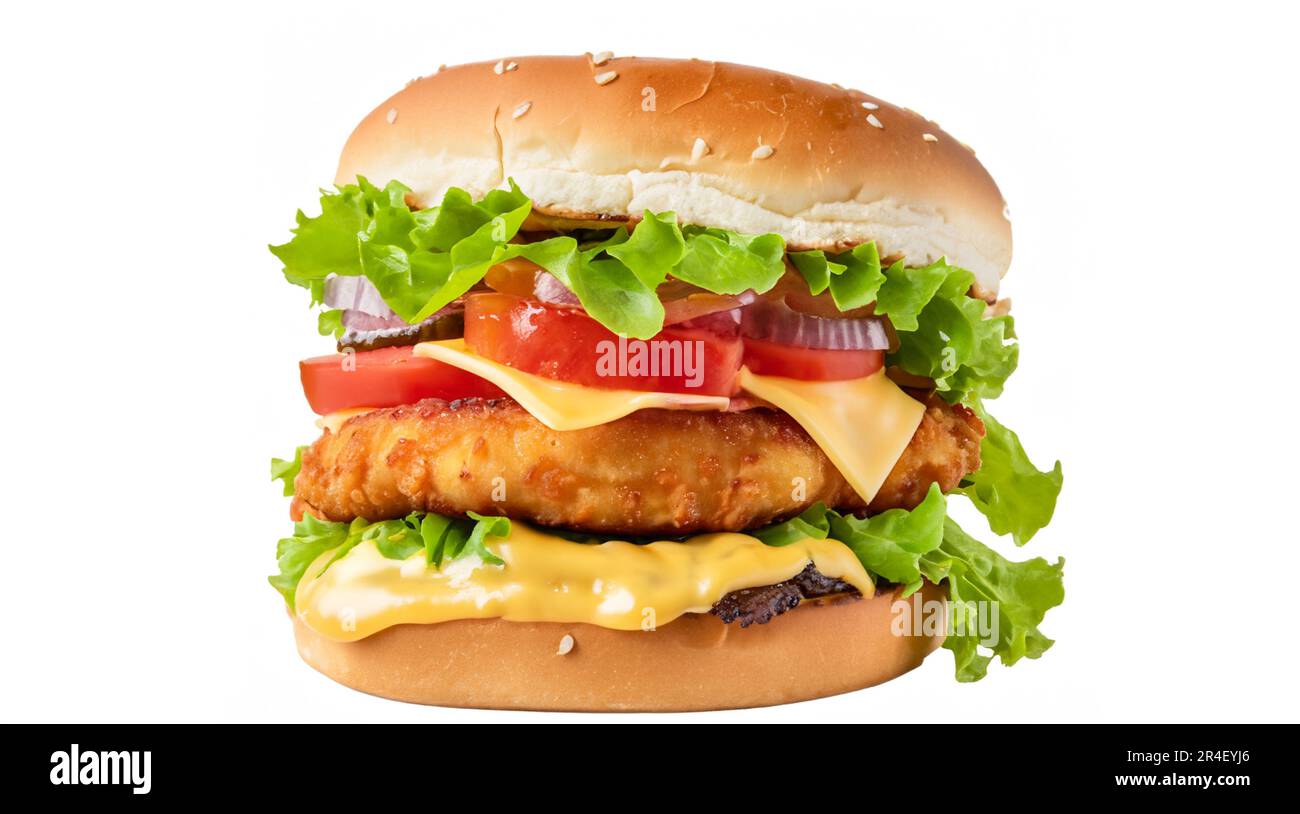 Crispy deep Fried Chicken Burger with cheese, tomato, lettuce, pickles
