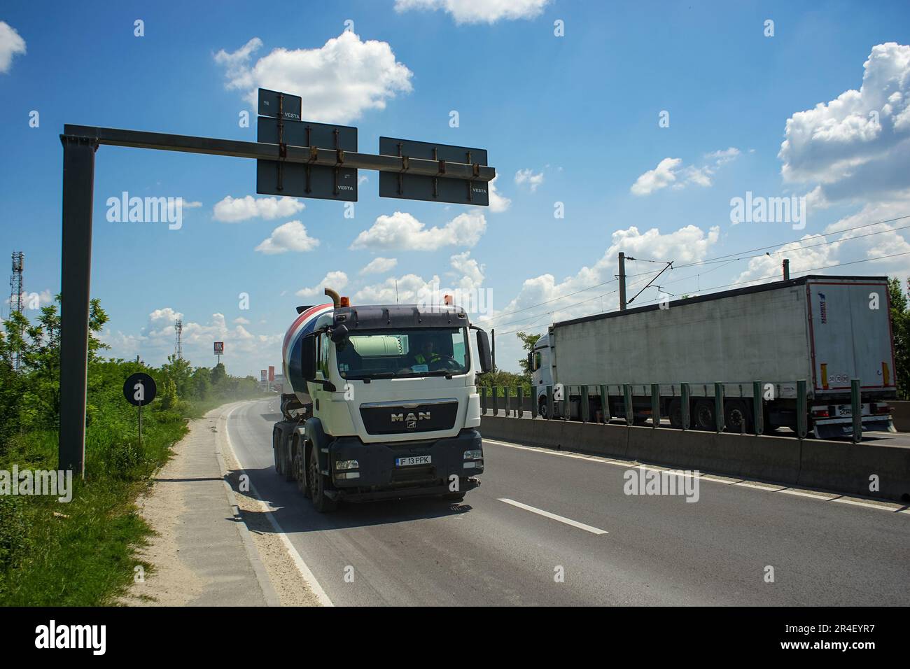 Tunari, Romania - Mai 24, 2023: Heavy trucks on traffic on the Bucharest ring road (DMCB) This image is for editorial use only. Stock Photo