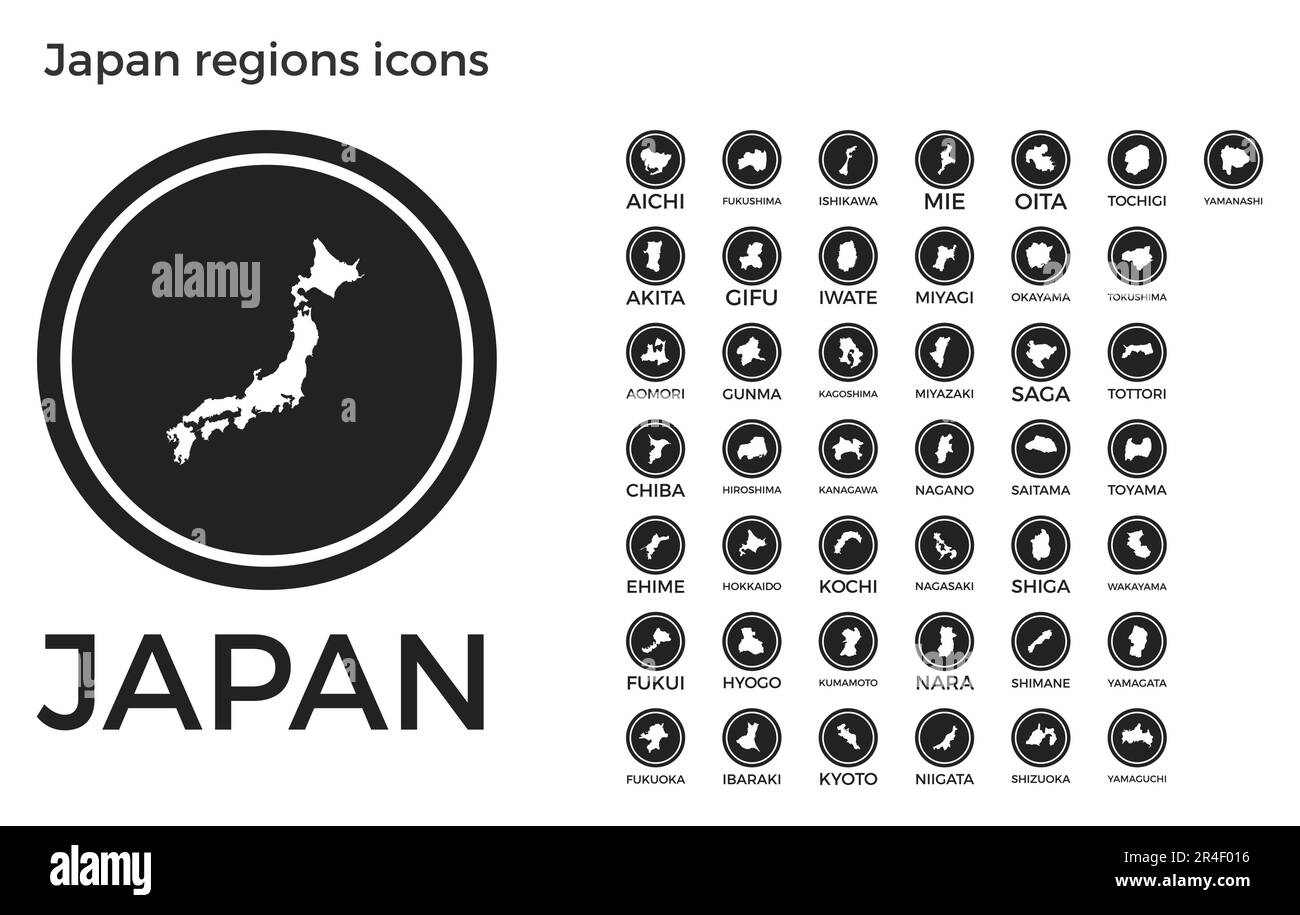 Japan regions icons Black round - Japan Regions Icons Black Round Logos With Country Regions Maps And Titles Vector Illustration 2R4F016