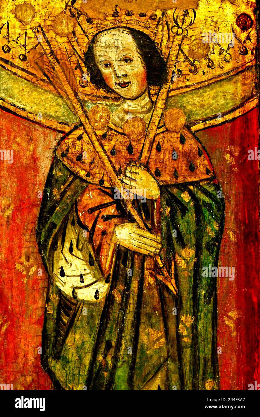 Eye church, Suffolk, medieval rood screen painting, Saint Edmund, England, UK Stock Photo